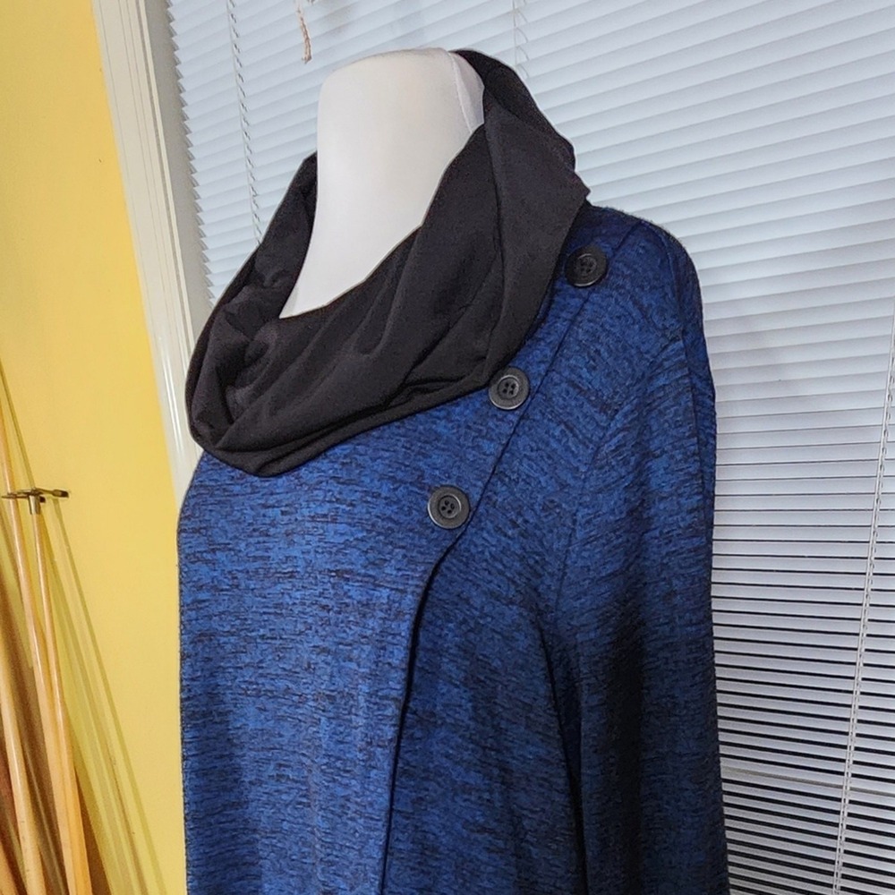 Ali Miles Large $89 Blue Black Heather Cowl Neck Button Shoulder Tunic Wrap Top - Picture 5 of 7